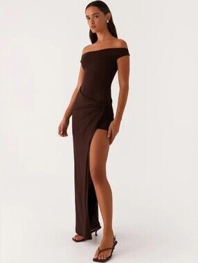 NWT Peppermayo Amerie Maxi Dress Chocolate Brown Size 2 Asymmetrical Bodycon